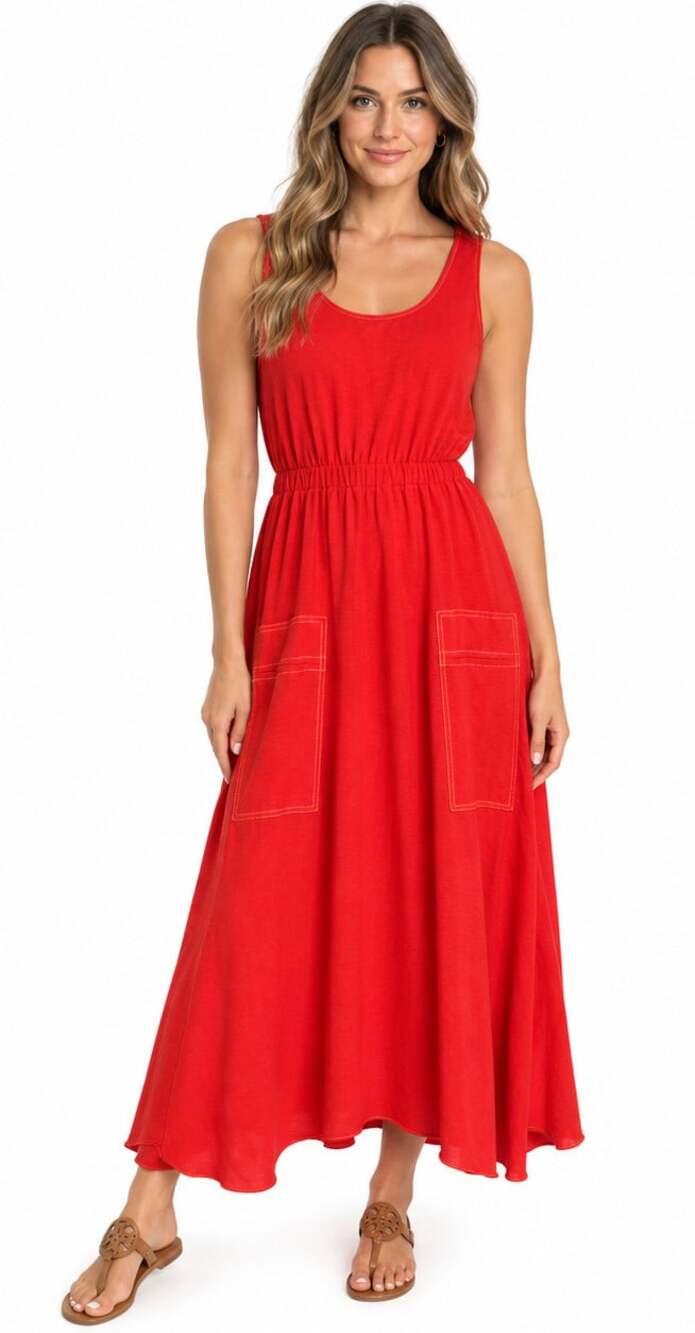 Ramy Brook Hallie Dress Size S Red Sleeveless Handkerchief Hem Midi Contrast